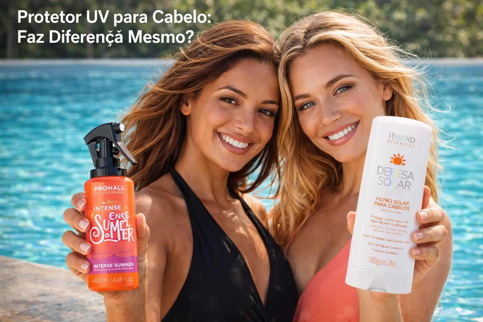 Protetor UV para cabelo com duas mulheres segurando finalizador e filtro solar capilar à beira da piscina.