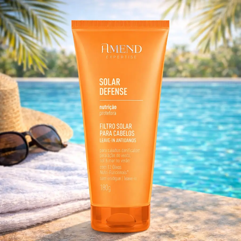 Leave-in no verão Amend Solar Defense com filtro solar para proteger os cabelos do sol.