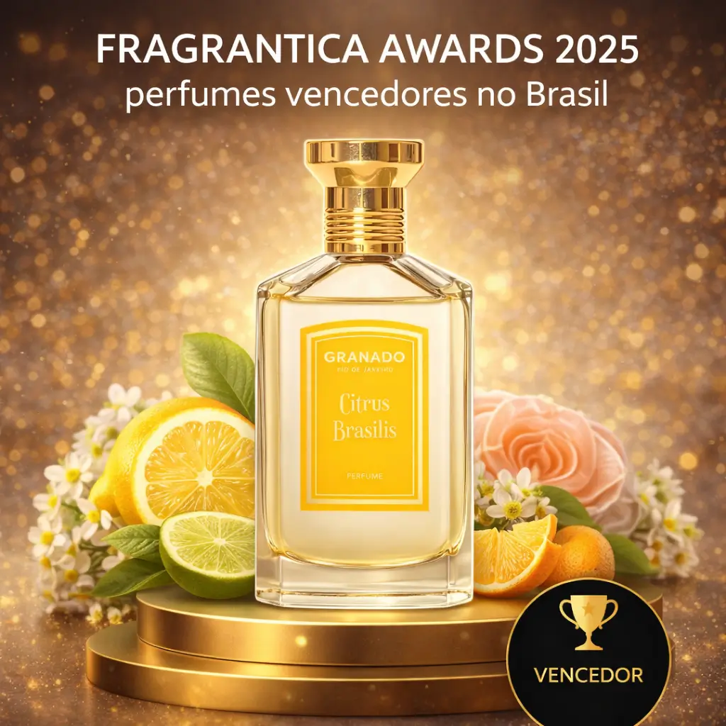 Citrus Brasilis Vintage Granado Eau de Parfum em pódio com frutas cítricas e flores, perfume vencedor do Fragrantica Awards 2025 no Brasil