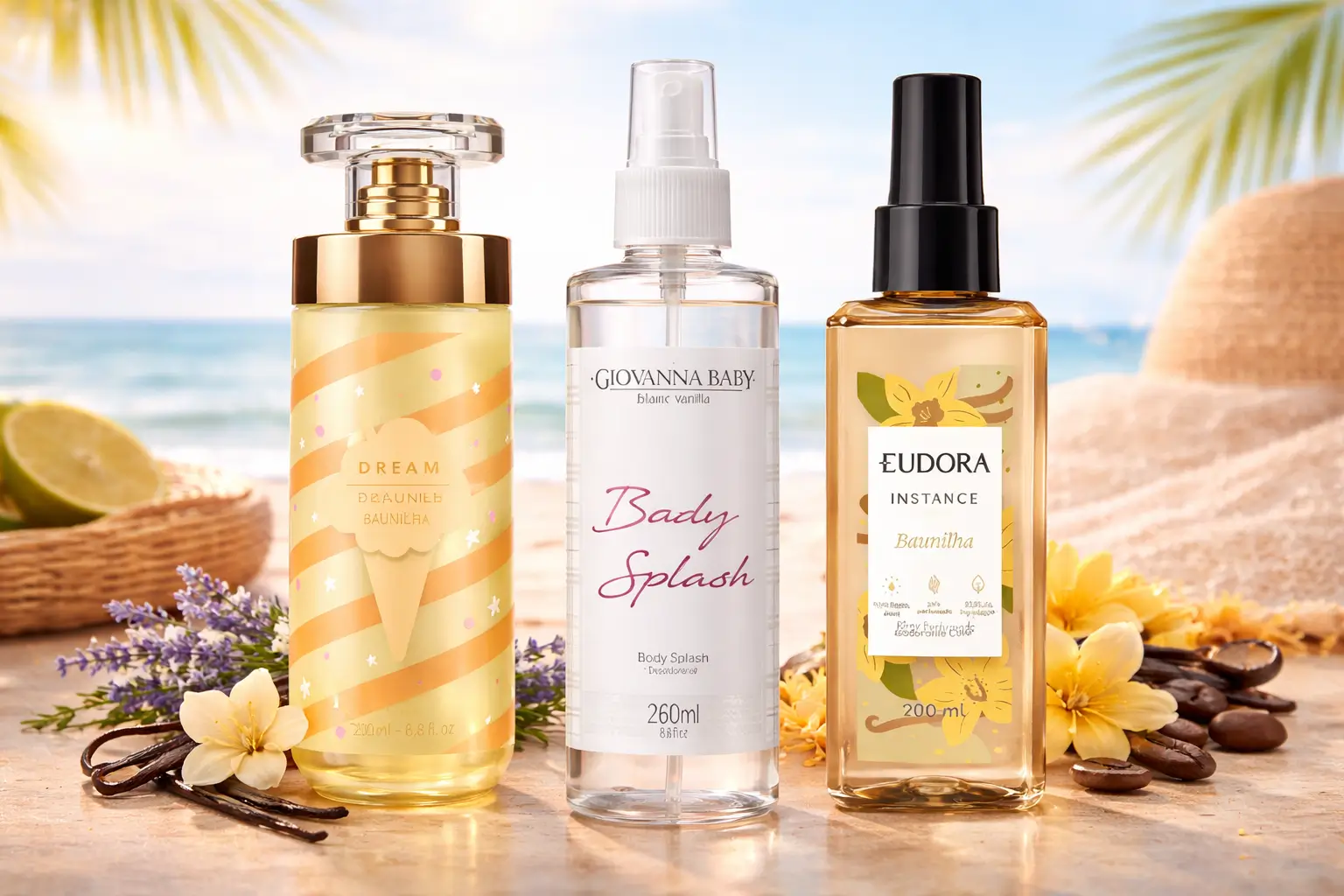 Body splash de baunilha para o calor: Dream Céu de Baunilha, Giovanna Baby Blanc Vanilla e Eudora Instance Baunilha em cenário de praia com baunilha e flores.