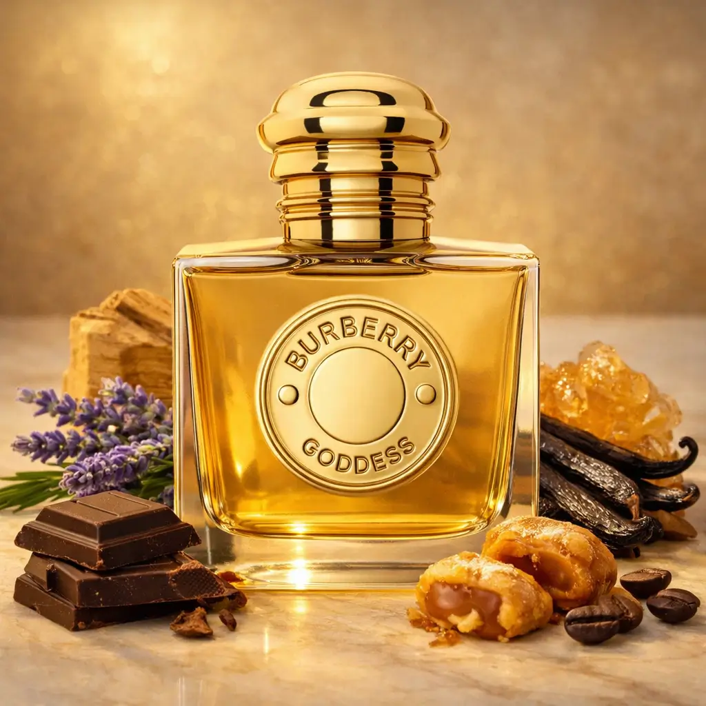 Perfumes de baunilha para o calor: Burberry Goddess Intense com lavanda, baunilha, chocolate, café e notas ambaradas em fundo dourado