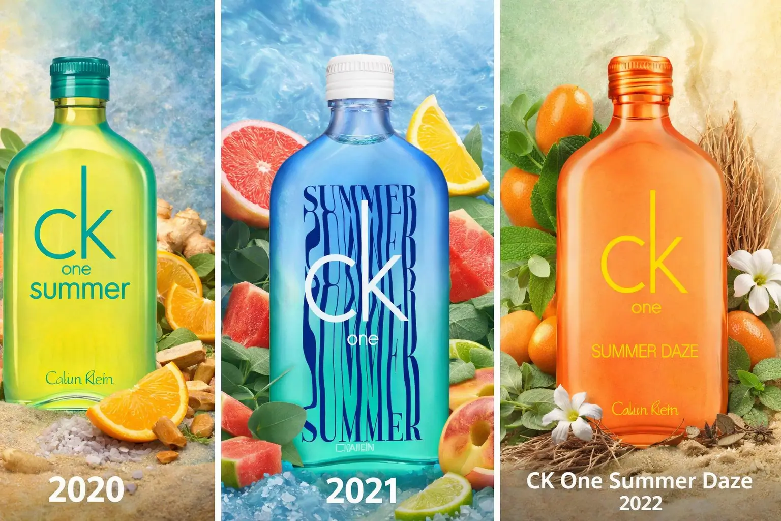 CK One Summer 2020, 2021 e 2022: frascos das edições com mandarina, gengibre, grapefruit, melancia, kumquat, menta e chá ao redor