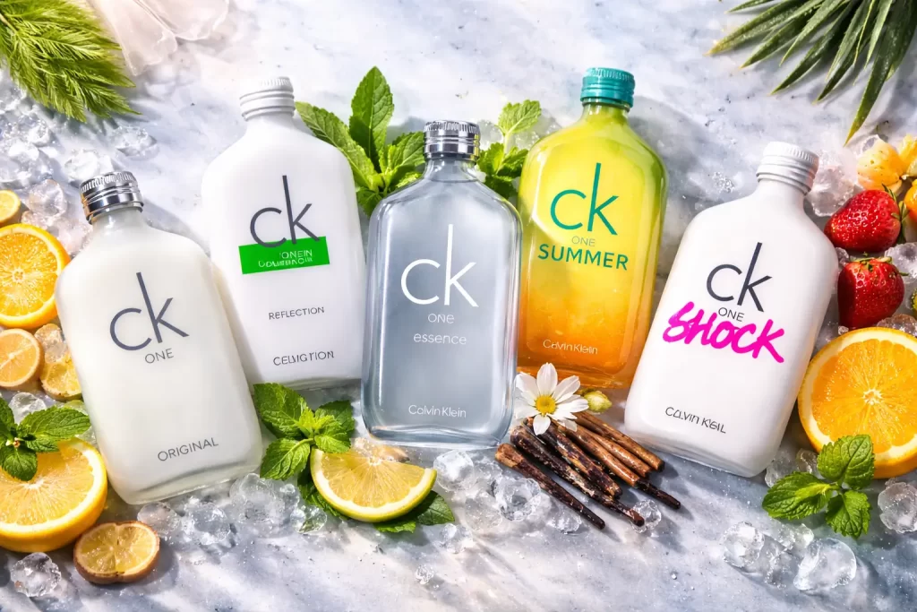 CK One versões: frascos CK One Original, Reflections, Essence, Summer e Shock em cenário de verão com cítricos, hortelã, gelo e frutas