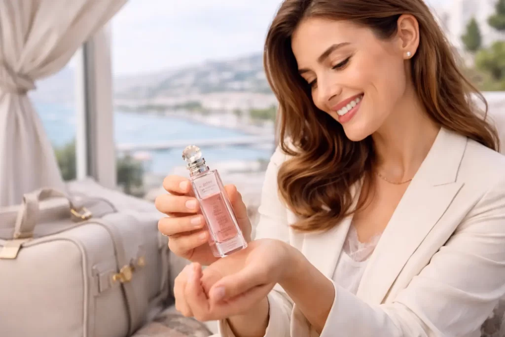 Mulher elegante aplicando Dior Roller Pearl Miss Dior em cenário de viagem com mala ao fundo