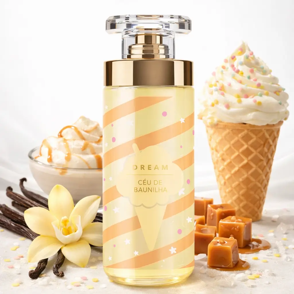 Dream Céu de Baunilha com sorvete, caramelo, flor de baunilha e vagens ao redor em foto realista.