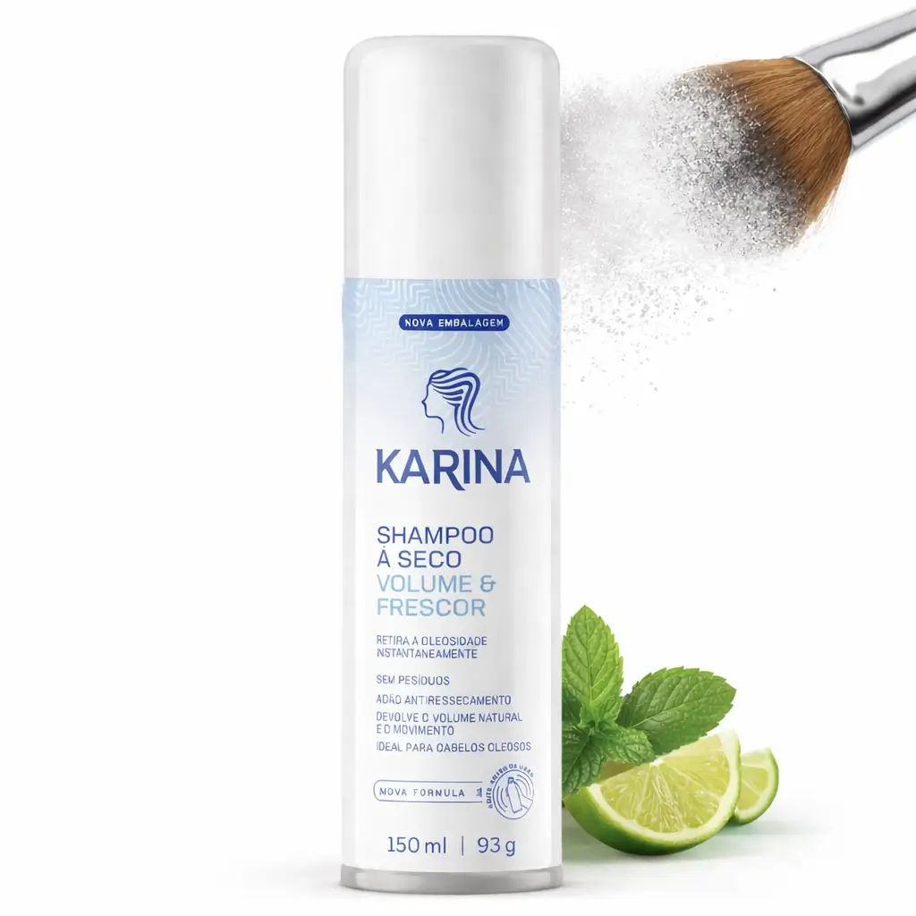 Shampoo a seco Karina para cabelo fino no verão, remove oleosidade e devolve volume sem resíduos.