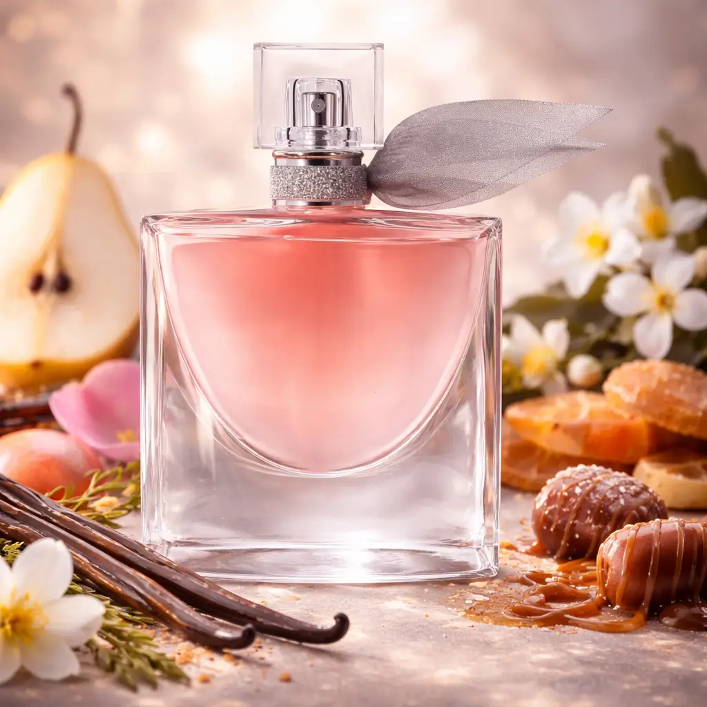 La Vie Est Belle clássico em cenário floral gourmand com íris, baunilha e praline.