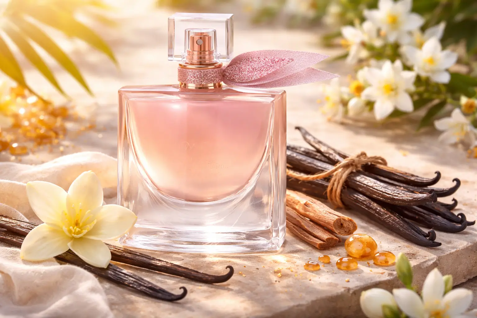 La Vie Est Belle Vanille Nude em frasco rosado com baunilha, jasmim solar e sândalo ao redor, representando o perfume La Vie Est Belle Vanille Nude em cenário leve e elegante.