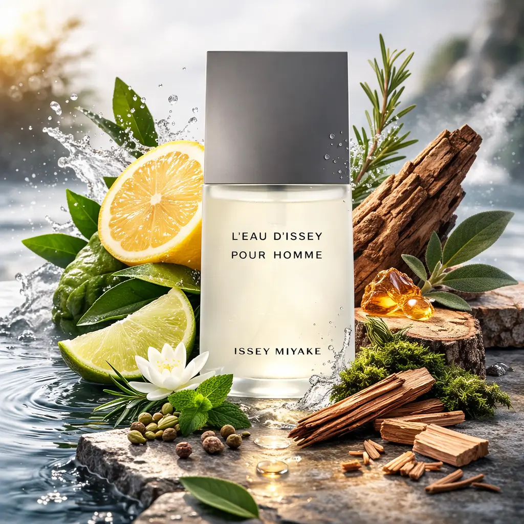 Perfume cheiro de shampoo: L’Eau d’Issey Pour Homme com limão, folhas verdes, água, ervas aromáticas e madeiras em cenário aquático