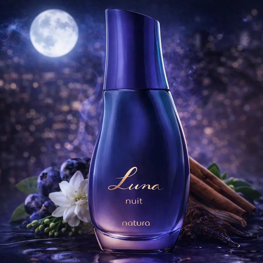 Luna Nuit Natura em frasco azul com design elegante, perfume feminino intenso para noites marcantes
