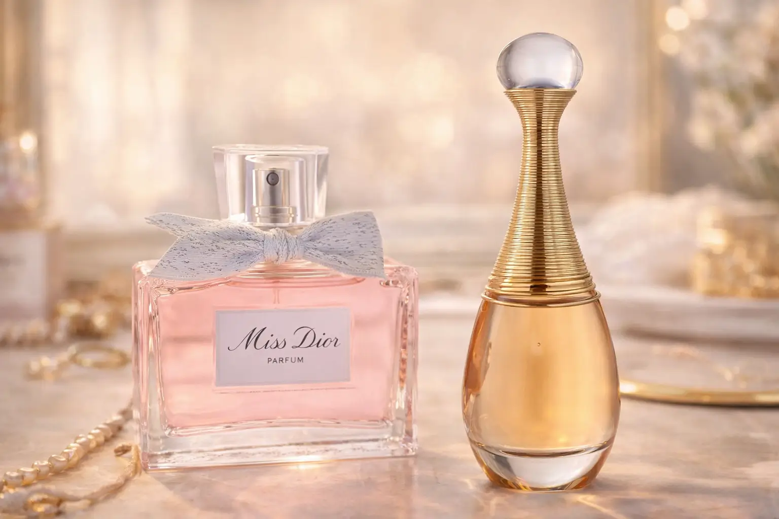 Miss Dior ou J’adore: frascos Miss Dior Parfum e J’adore Infinissime lado a lado em luz dourada sobre penteadeira
