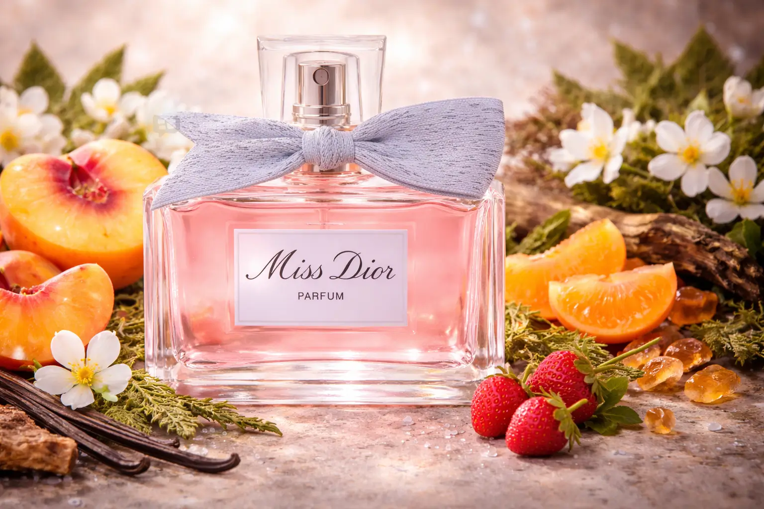 Miss Dior Parfum (2024) em cenário elegante com frutas, flores e madeira representando sua fragrância chipre frutada
