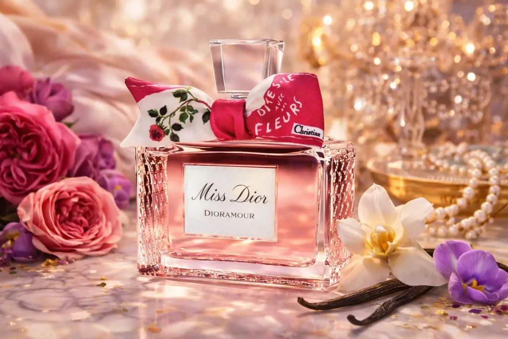 Frasco do perfume Miss Dioramour com laço floral, rodeado por rosas, baunilha, pérolas e flores delicadas, em cenário elegante e iluminado.