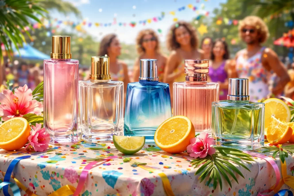 Perfumes para o carnaval com frascos coloridos em clima festivo de verão, ideais para aguentar o calor e receber elogios.
