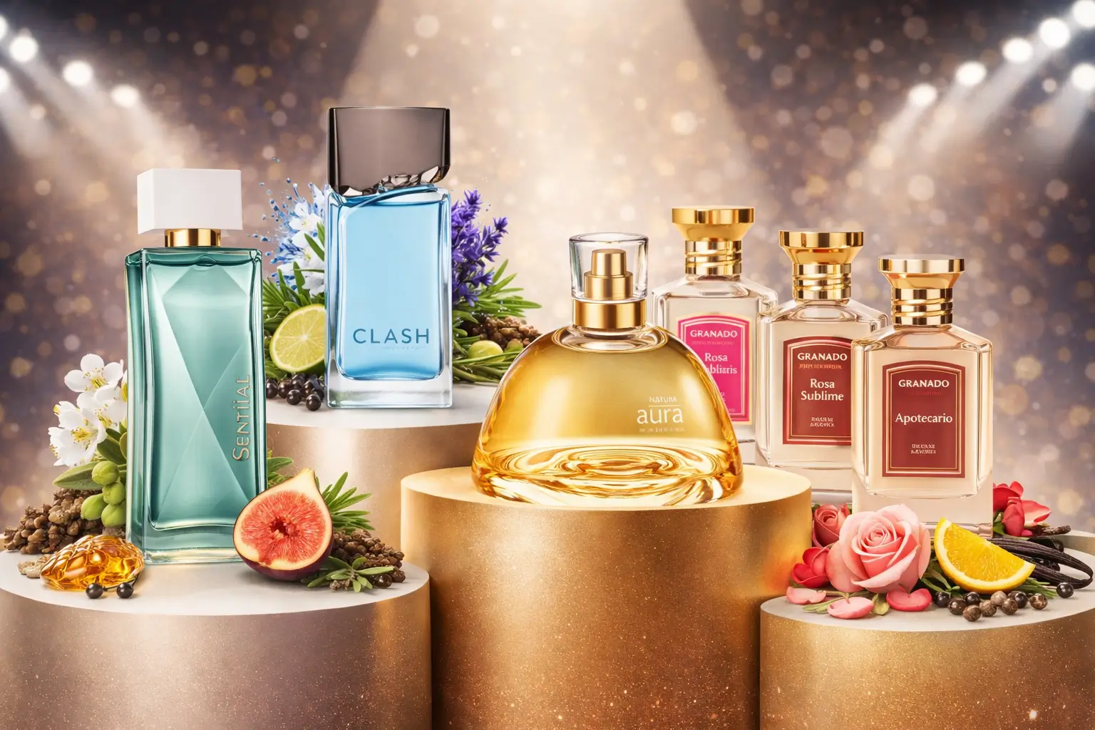 Perfumes nacionais na Awards 2025 exibidos em pódios com frascos de destaque e elementos olfativos característicos