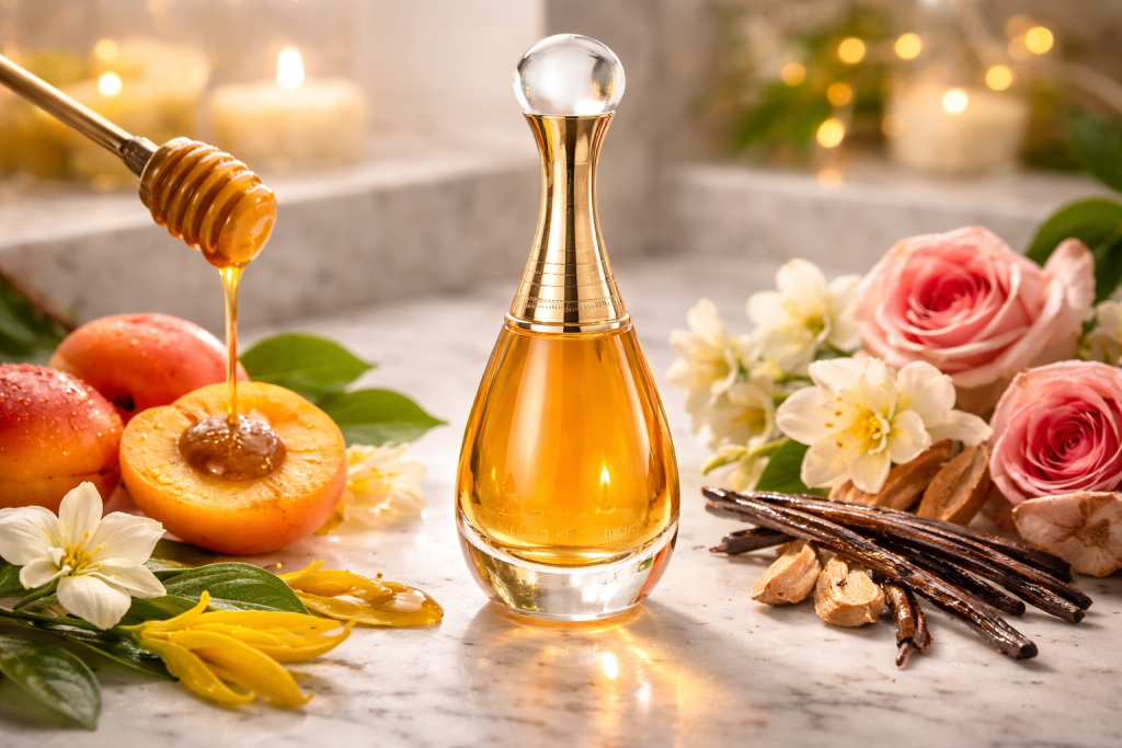 J’adore Eau de Parfum Intense em frasco dourado sobre mármore, com damasco, mel, flores brancas, rosas, baunilha e sândalo ao redor.