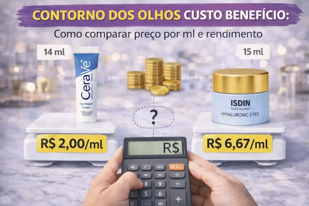 Comparação de contorno dos olhos custo benefício por preço por ml e rendimento