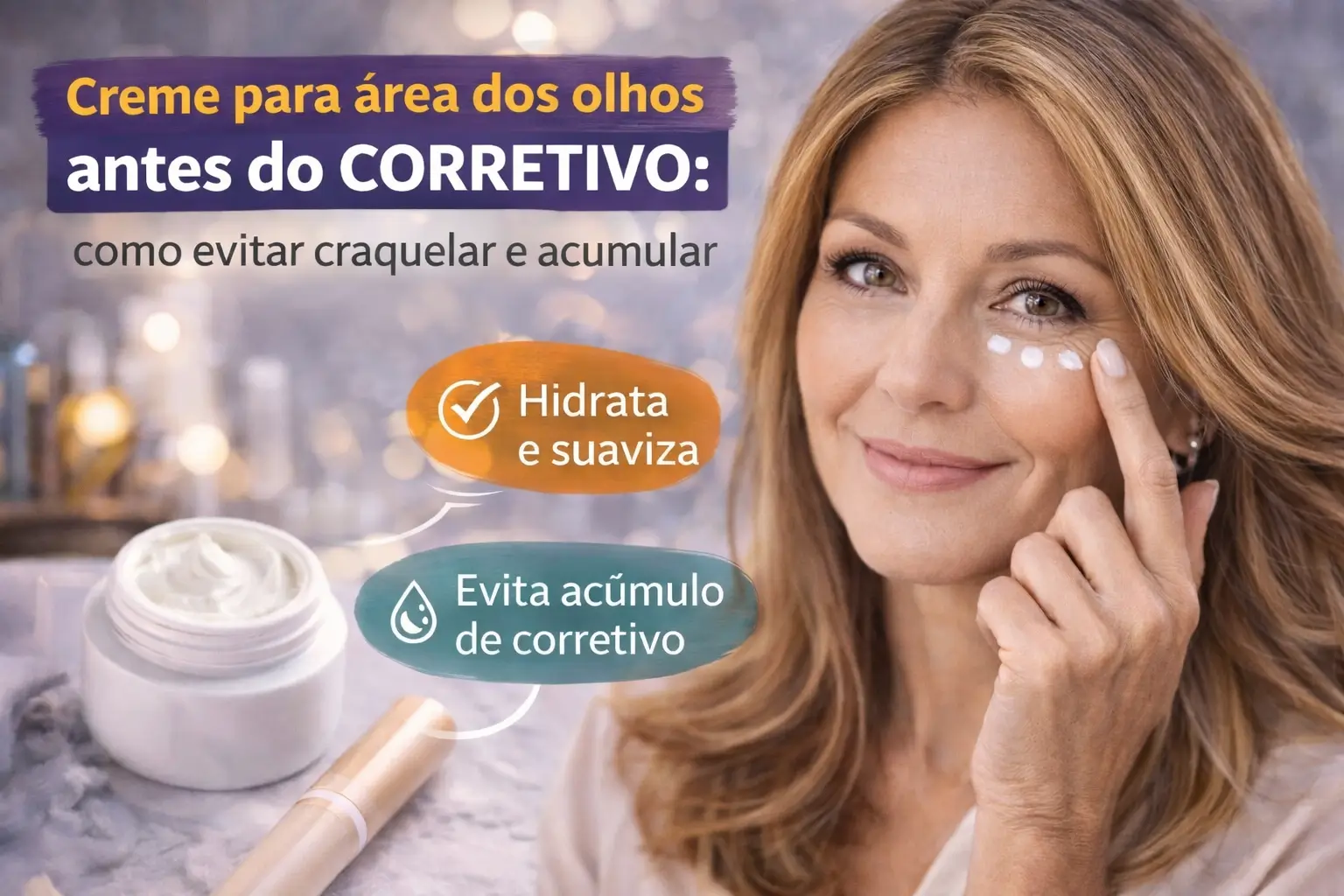 Mulher usando creme para área dos olhos antes do corretivo