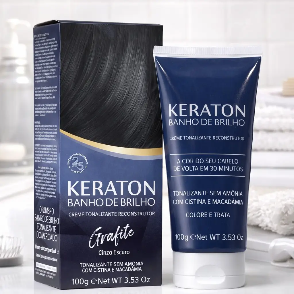 Tonalizante para cabelo branco Keraton Banho de Brilho Grafite sem amônia, com caixa e bisnaga do produto em destaque.