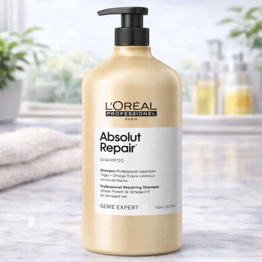 Ofertas Amazon Beleza: shampoo L’Oréal Professionnel Absolut Repair 750 ml em frasco dourado com pump preto, em bancada de banheiro.