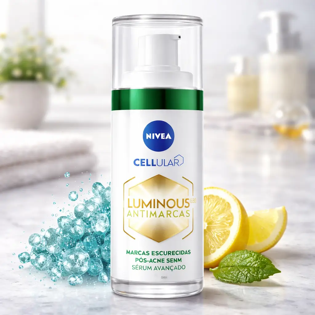 Ofertas Amazon Beleza: sérum facial NIVEA Cellular Luminous 630 Antimarcas Acne 30 ml em frasco com pump, com limão e elementos de skincare ao lado.
