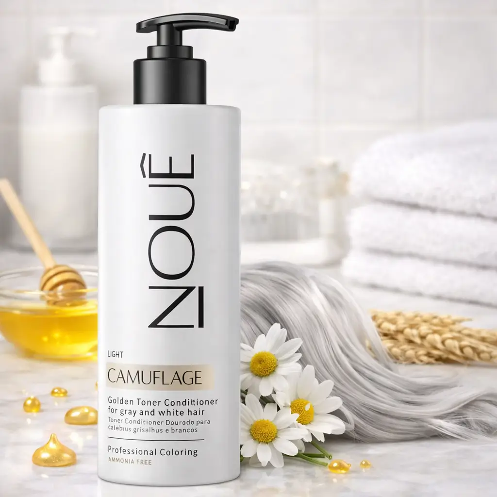 Tonalizante para cabelo branco NOUÉ Camuflage Golden Toner Conditioner em frasco com pump, em bancada clara com camomila e mel ao lado.
