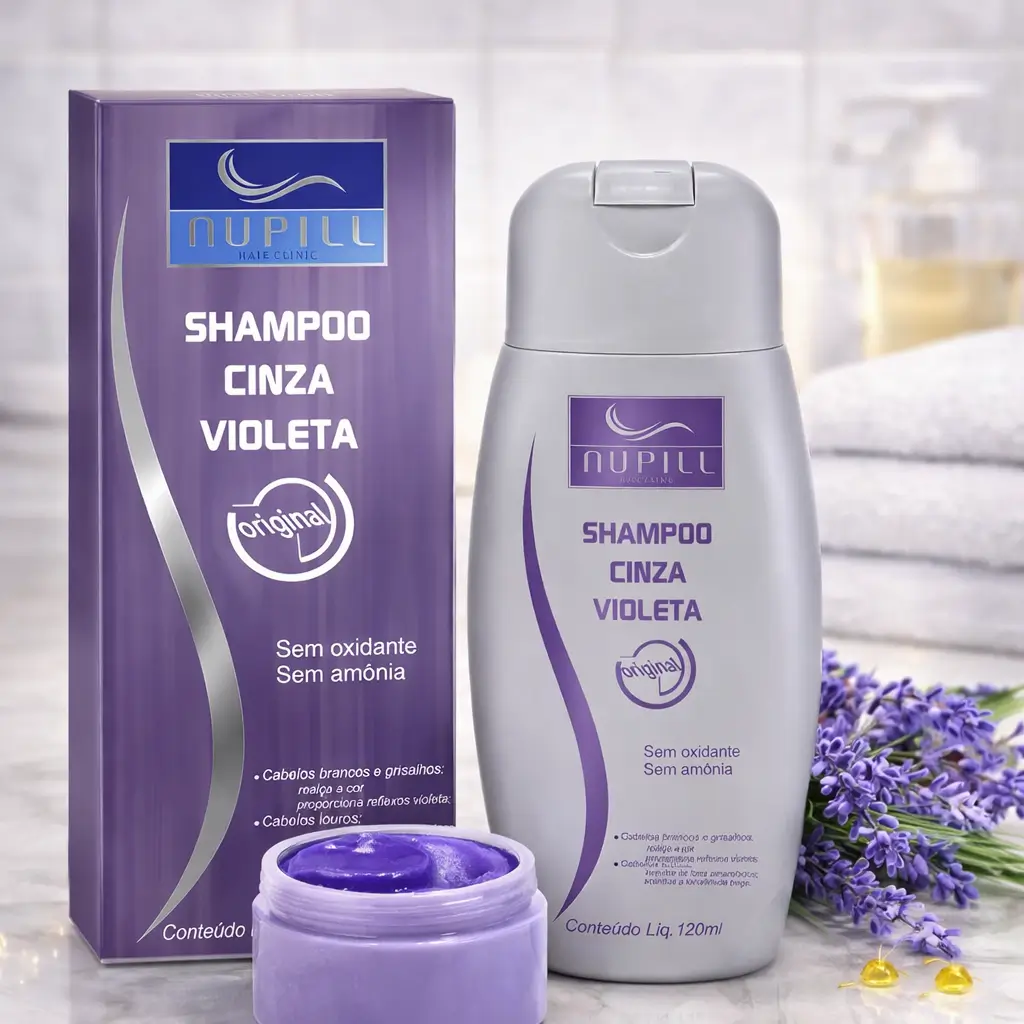 Shampoo roxo vs máscara roxa: Nupill Shampoo Cinza Violeta com frasco e caixa ao lado de máscara roxa, lavanda e cenário de banheiro.