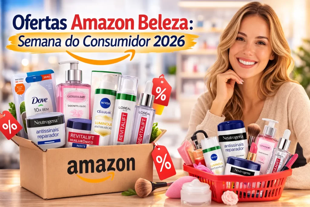 Ofertas Amazon Beleza: banner Semana do Consumidor 2026 com mulher sorridente, caixa e cesta com produtos de skincare e beleza e etiquetas de desconto.