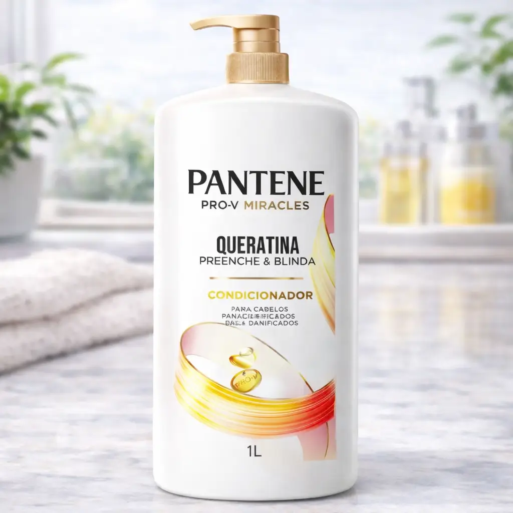 Ofertas Amazon Beleza: Pantene Pro-V Miracles Condicionador Queratina Preenche e Blinda 1L em frasco com pump, em bancada de banheiro.