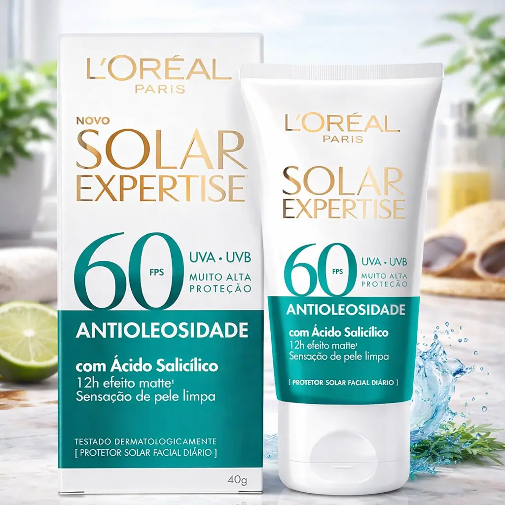 Ofertas Amazon Beleza: protetor solar facial L’Oréal Paris Solar Expertise Antioleosidade FPS 60 com caixa e bisnaga em bancada de banheiro.