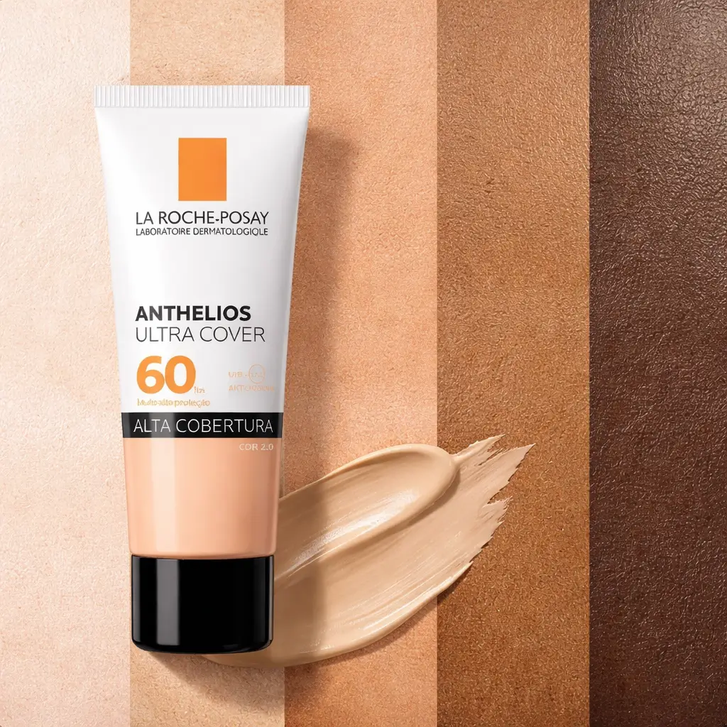 Ofertas Amazon Beleza: protetor solar com cor La Roche-Posay Anthelios Ultra Cover FPS 60 em fundo com faixas de tons de pele e textura de base.