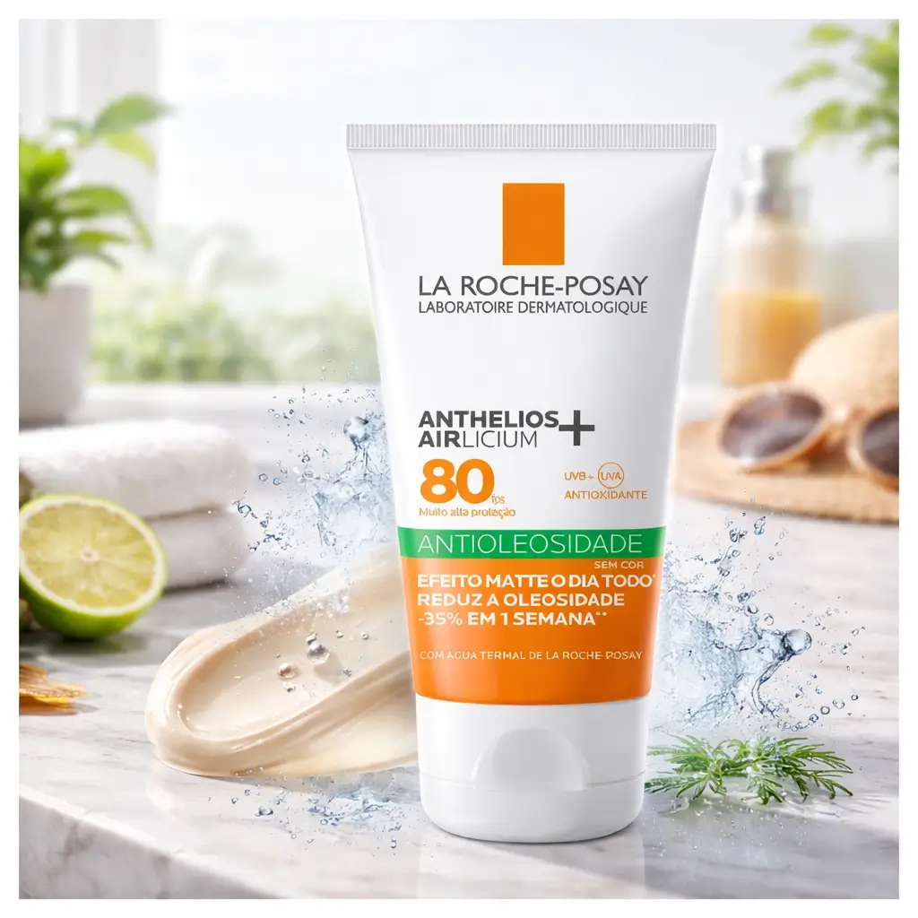 Ofertas Amazon Beleza: protetor solar facial La Roche-Posay Anthelios Airlicium FPS 80 sem cor em bancada de banheiro com respingos de água.