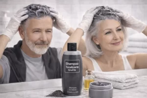 Casal aplicando shampoo tonalizante grafite em cabelos grisalhos no banheiro, com frasco do produto em destaque sobre a bancada.