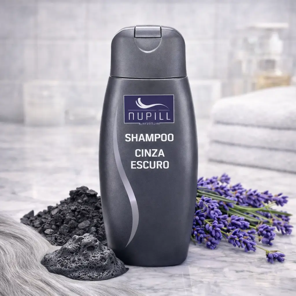 Shampoo tonalizante Nupill Cinza Escuro em frasco preto sobre bancada, com lavanda e elementos escuros ao lado.