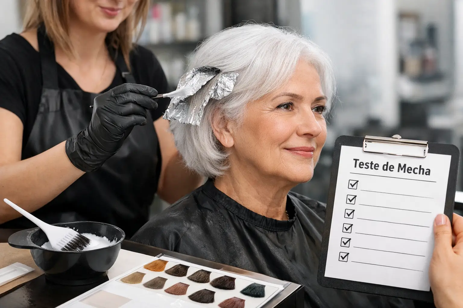 Teste de mecha em cabelo branco sendo feito no salão antes da coloração