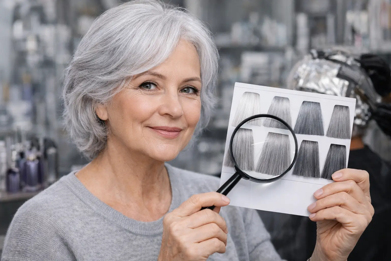 Mulher com cabelo grisalho analisando opções de tom prateado para cabelo grisalho no salão
