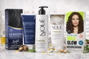 Tonalizante para cabelo branco com quatro produtos em destaque (Keraton, NOUÉ, Acquaflora e Embelleze), em bancada clara com óleos, flores e ingredientes de tratamento.