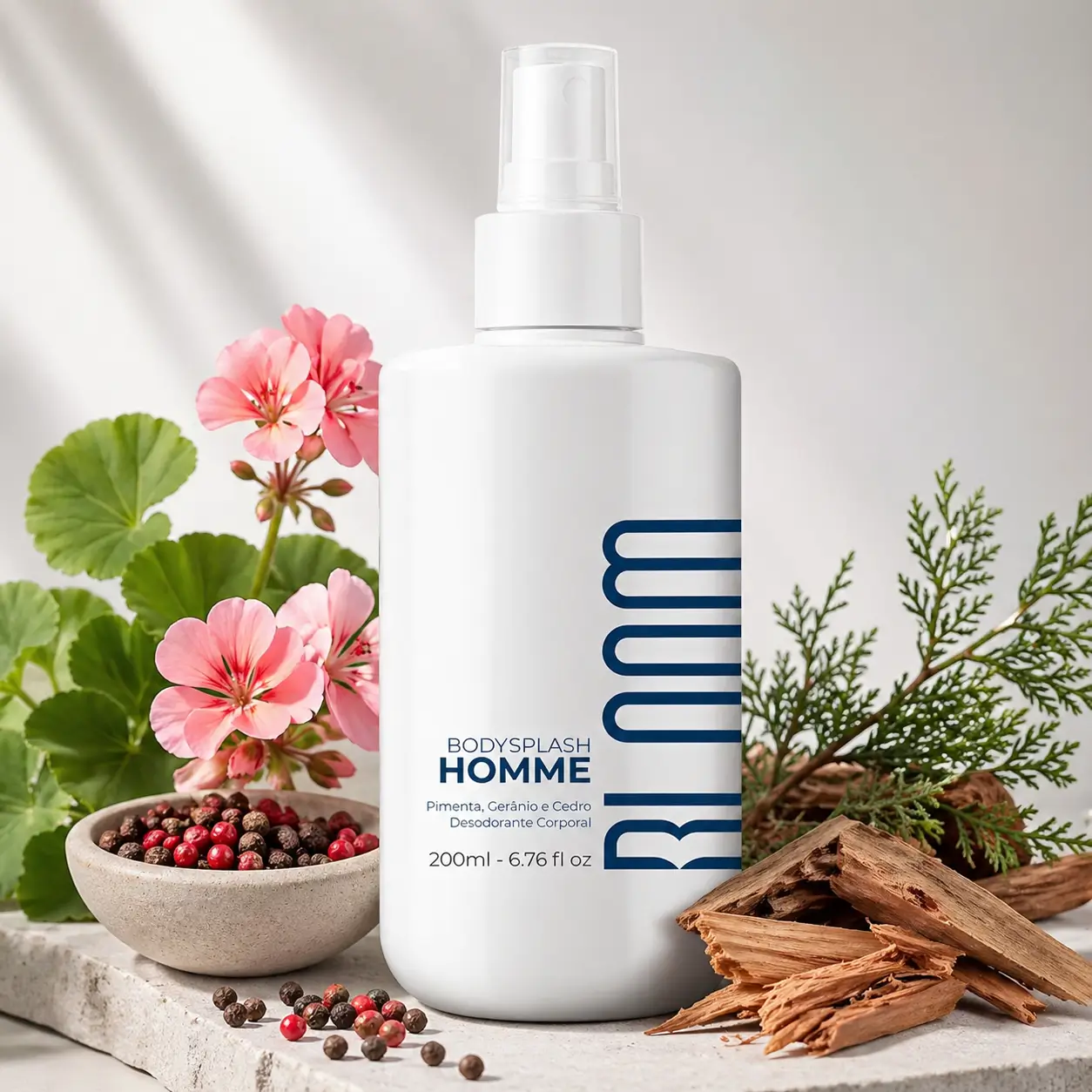 Body Splash Bloom Homme em imagem com gerânio, pimenta e cedro em composição inspirada na fragrância.