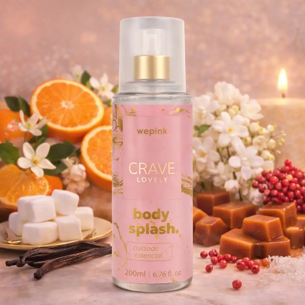 Crave Lovely Wepink body splash em cenário com flores brancas, frutas cítricas e notas gourmand como marshmallow e baunilha