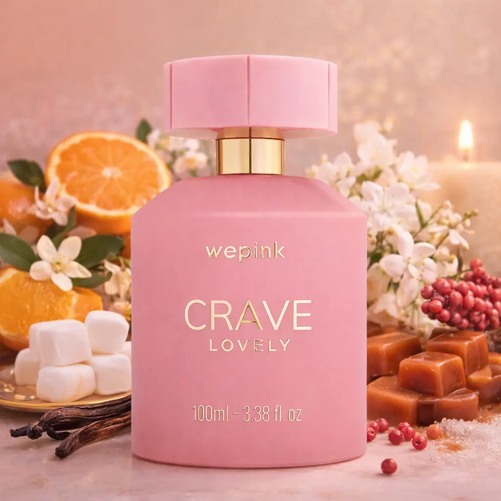 Perfume Crave Lovely Wepink em cenário floral delicado com tons rosados