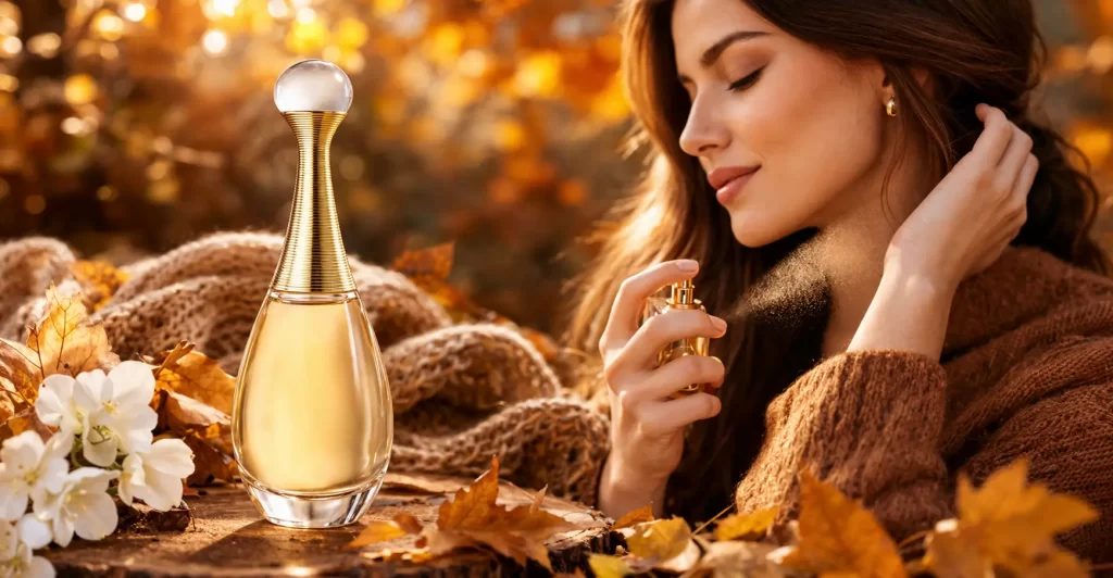 Mulher aplicando perfume no outono para mostrar como fazer a fragrância render mais