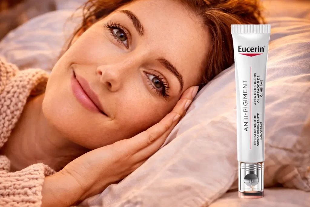 Mulher com aparência descansada em imagem sobre contorno dos olhos efeito descansado