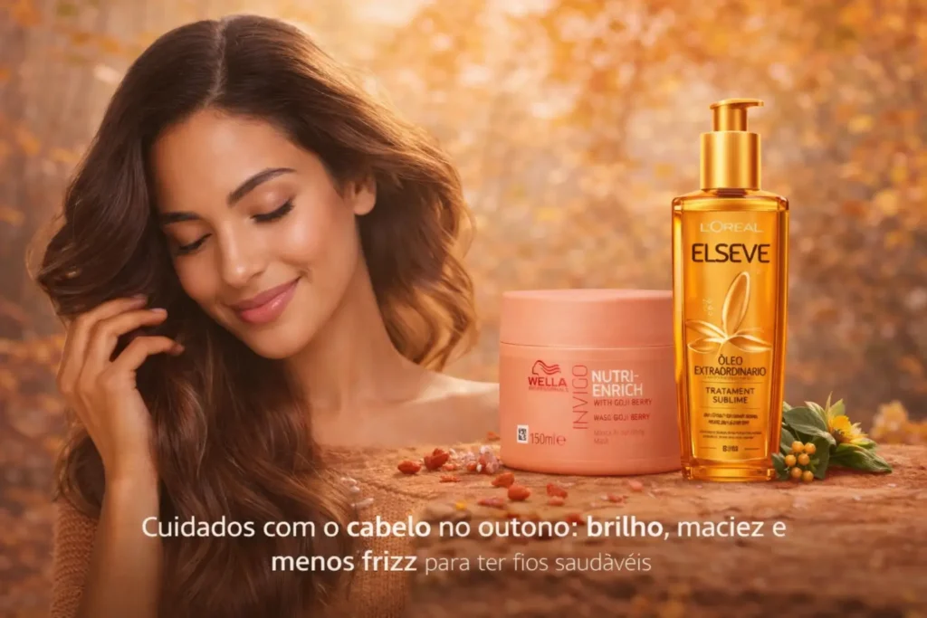 Mulher com fios brilhantes e produtos capilares em cena sobre cuidados com o cabelo no outono