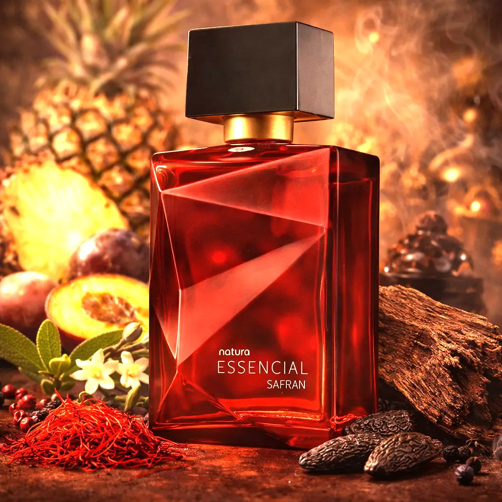 Natura Essencial Safran masculino em composição intensa com frutas, madeiras e especiarias