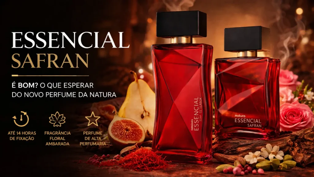 Natura Essencial Safran em imagem de destaque com frascos vermelhos e elementos florais ambarados
