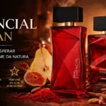 Natura Essencial Safran em imagem de destaque com frascos vermelhos e elementos florais ambarados