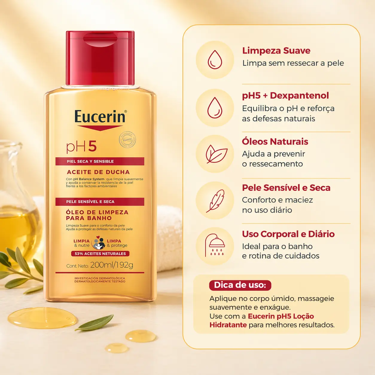 Eucerin pH5 óleo de limpeza corporal para banho no outono em pele sensível e seca.