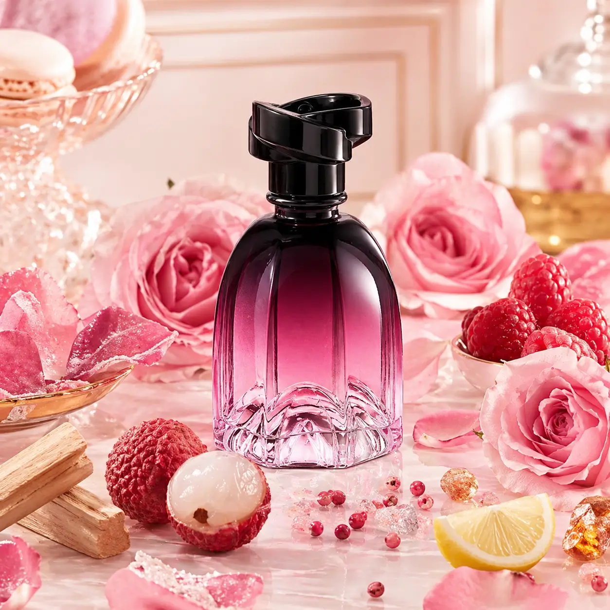 Floratta Rosé Sucrée em imagem realista com frasco do perfume e elementos da fragrância em cenário delicado e feminino.