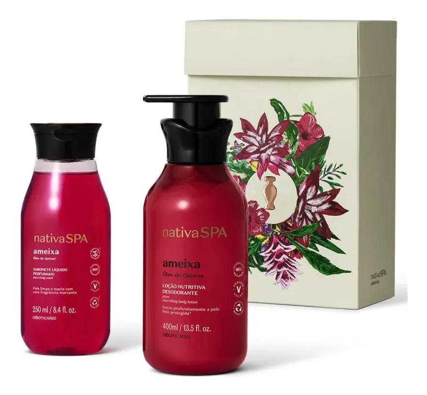 Kit Dia das Mães Nativa SPA Ameixa O Boticário com loção hidratante, sabonete líquido e caixa florida.