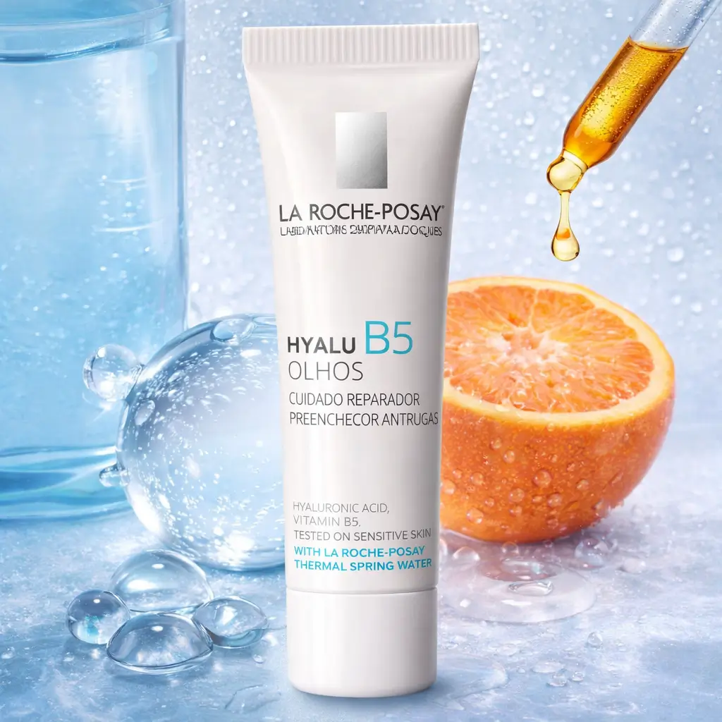contorno dos olhos para escritório com Hyalu B5 Olhos da La Roche-Posay em cenário com ativos hidratantes